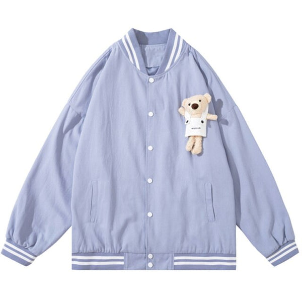 Track Jacket Men Cute Bear Furry Harajuku Letter Patch  Varsity Jacket College Style High Street Couple Coat Streetwear