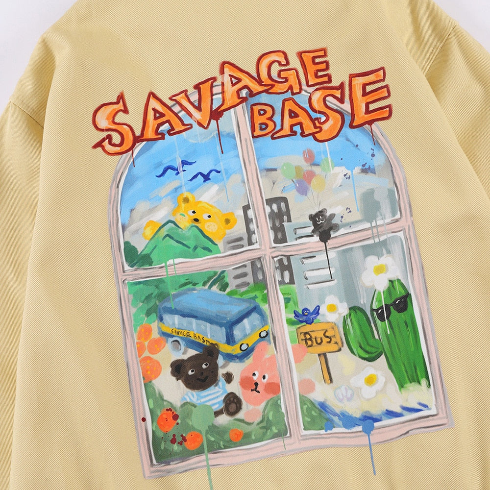 Jackets Men Cartoon Bear Graffiti Letter Print Turn-down Collar Coats Varsity Japanese Fashion All-match Outwear Couple