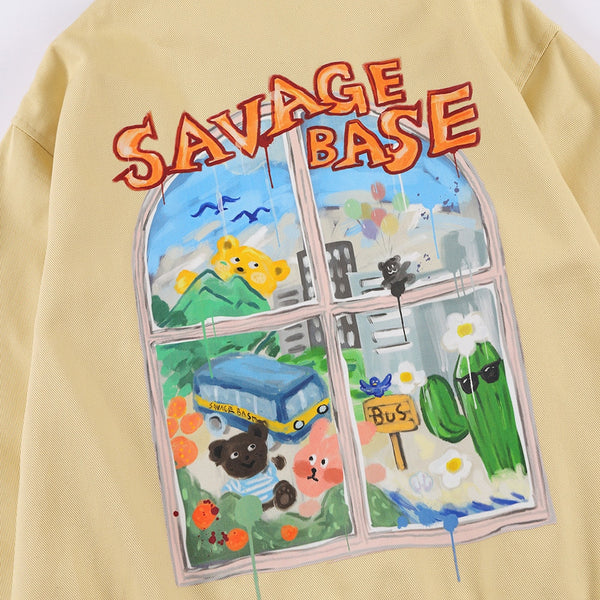 Jackets Men Cartoon Bear Graffiti Letter Print Turn-down Collar Coats Varsity Japanese Fashion All-match Outwear Couple