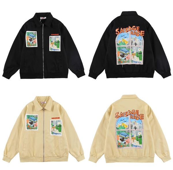 Jackets Men Cartoon Bear Graffiti Letter Print Turn-down Collar Coats Varsity Japanese Fashion All-match Outwear Couple