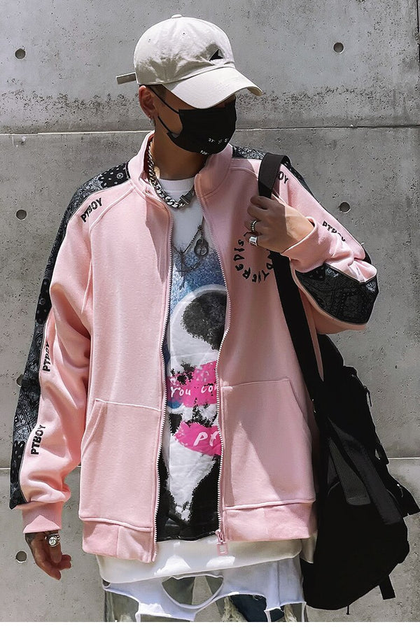 Zipper Jacket Men Retro Patchwork Letter Print Track Jackets Coat Autumn Pocket High Street All-match Streetwear Couple