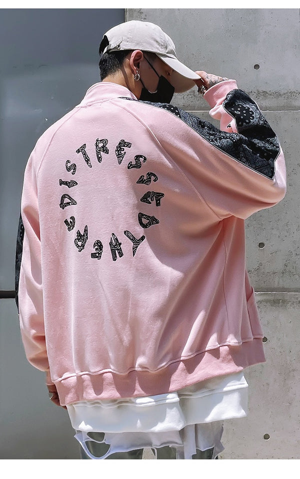 Zipper Jacket Men Retro Patchwork Letter Print Track Jackets Coat Autumn Pocket High Street All-match Streetwear Couple