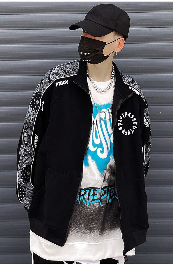 Zipper Jacket Men Retro Patchwork Letter Print Track Jackets Coat Autumn Pocket High Street All-match Streetwear Couple