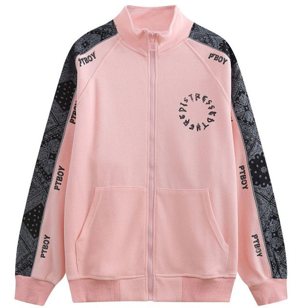 Zipper Jacket Men Retro Patchwork Letter Print Track Jackets Coat Autumn Pocket High Street All-match Streetwear Couple