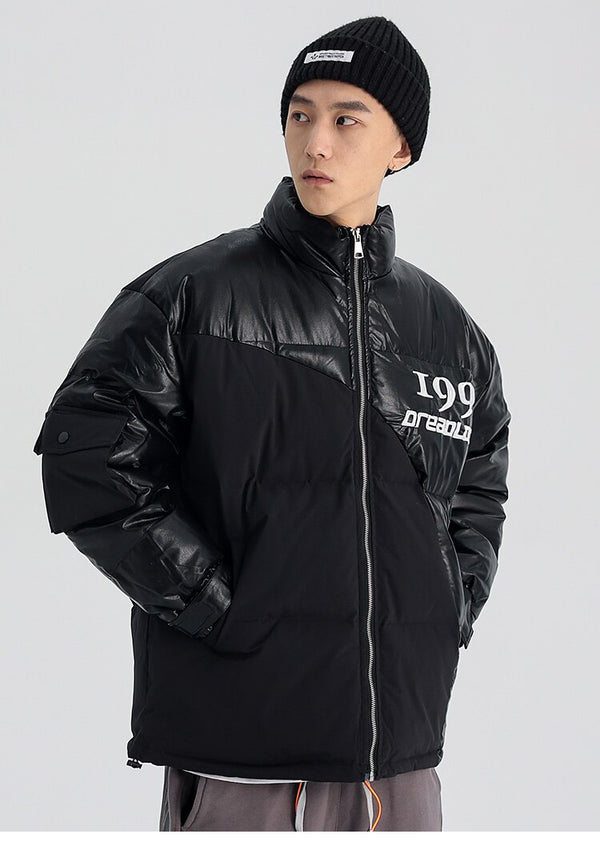 Parka Jacket Men Embroidery Patchwork Pocket Cotton Coat Winter Fashion High Street Cool Warm Cozy Zipper Outwear Black
