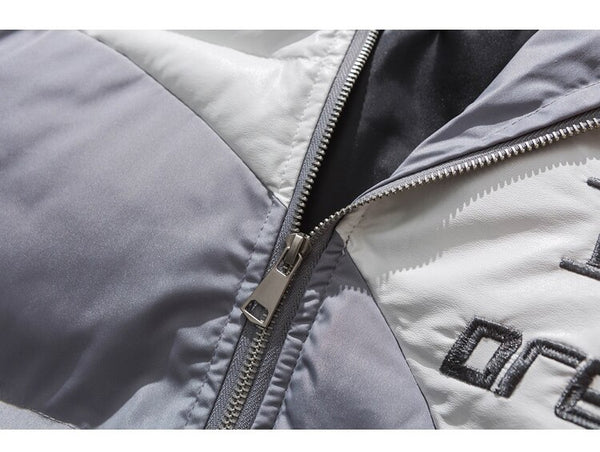 Parka Jacket Men Embroidery Patchwork Pocket Cotton Coat Winter Fashion High Street Cool Warm Cozy Zipper Outwear Black