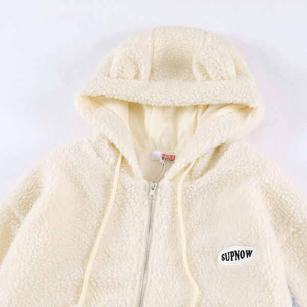 Lambswool Jacket Men Furry Bear Patchwork Outwear College Style All-match Hooded Coats Soft Cozy Warm Couple Streetwear
