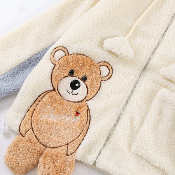 Lambswool Jacket Men Furry Bear Patchwork Outwear College Style All-match Hooded Coats Soft Cozy Warm Couple Streetwear