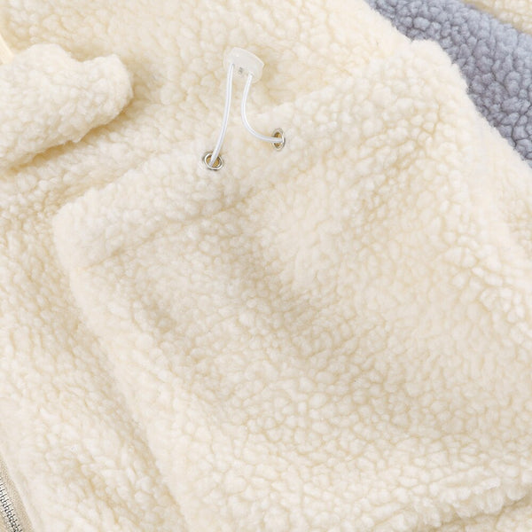 Lambswool Jacket Men Furry Bear Patchwork Outwear College Style All-match Hooded Coats Soft Cozy Warm Couple Streetwear