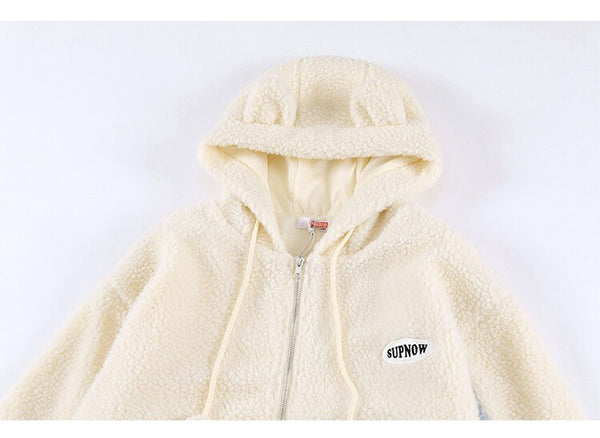 Lambswool Jacket Men Furry Bear Patchwork Outwear College Style All-match Hooded Coats Soft Cozy Warm Couple Streetwear