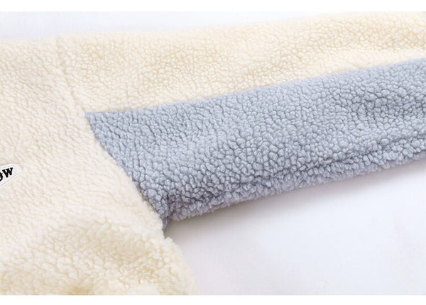 Lambswool Jacket Men Furry Bear Patchwork Outwear College Style All-match Hooded Coats Soft Cozy Warm Couple Streetwear