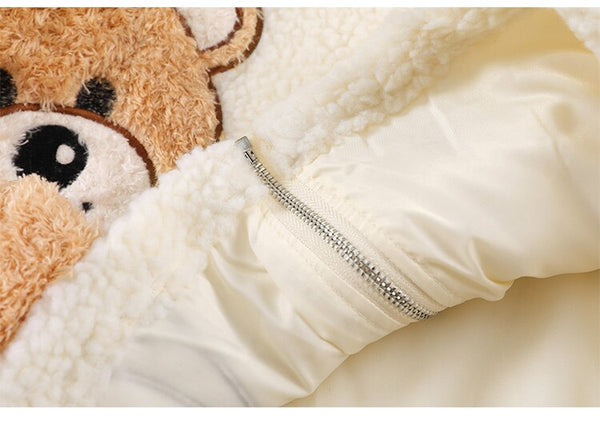 Lambswool Jacket Men Furry Bear Patchwork Outwear College Style All-match Hooded Coats Soft Cozy Warm Couple Streetwear