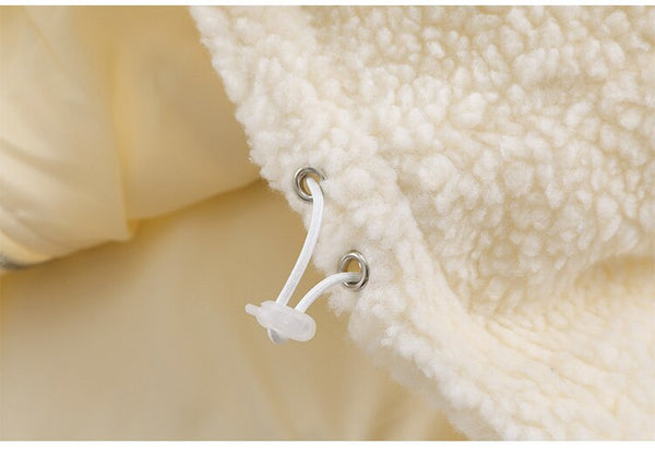 Lambswool Jacket Men Furry Bear Patchwork Outwear College Style All-match Hooded Coats Soft Cozy Warm Couple Streetwear