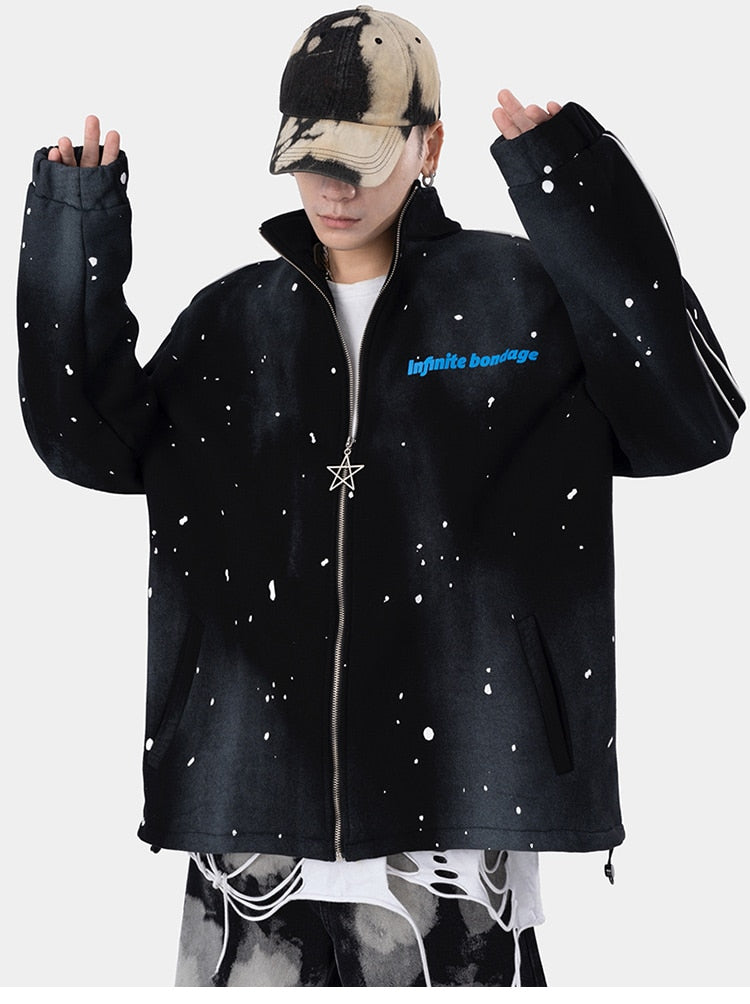 Jacket Men Watercolor Point Star Zipper Fleece College Style Coat Casual Japanese Loose Harajuku Fashion Outwear Couple