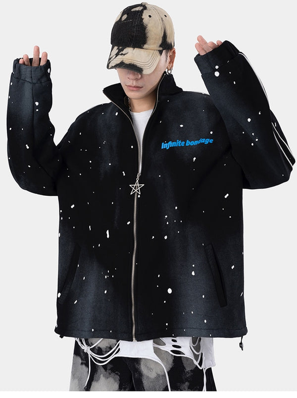 Jacket Men Watercolor Point Star Zipper Fleece College Style Coat Casual Japanese Loose Harajuku Fashion Outwear Couple