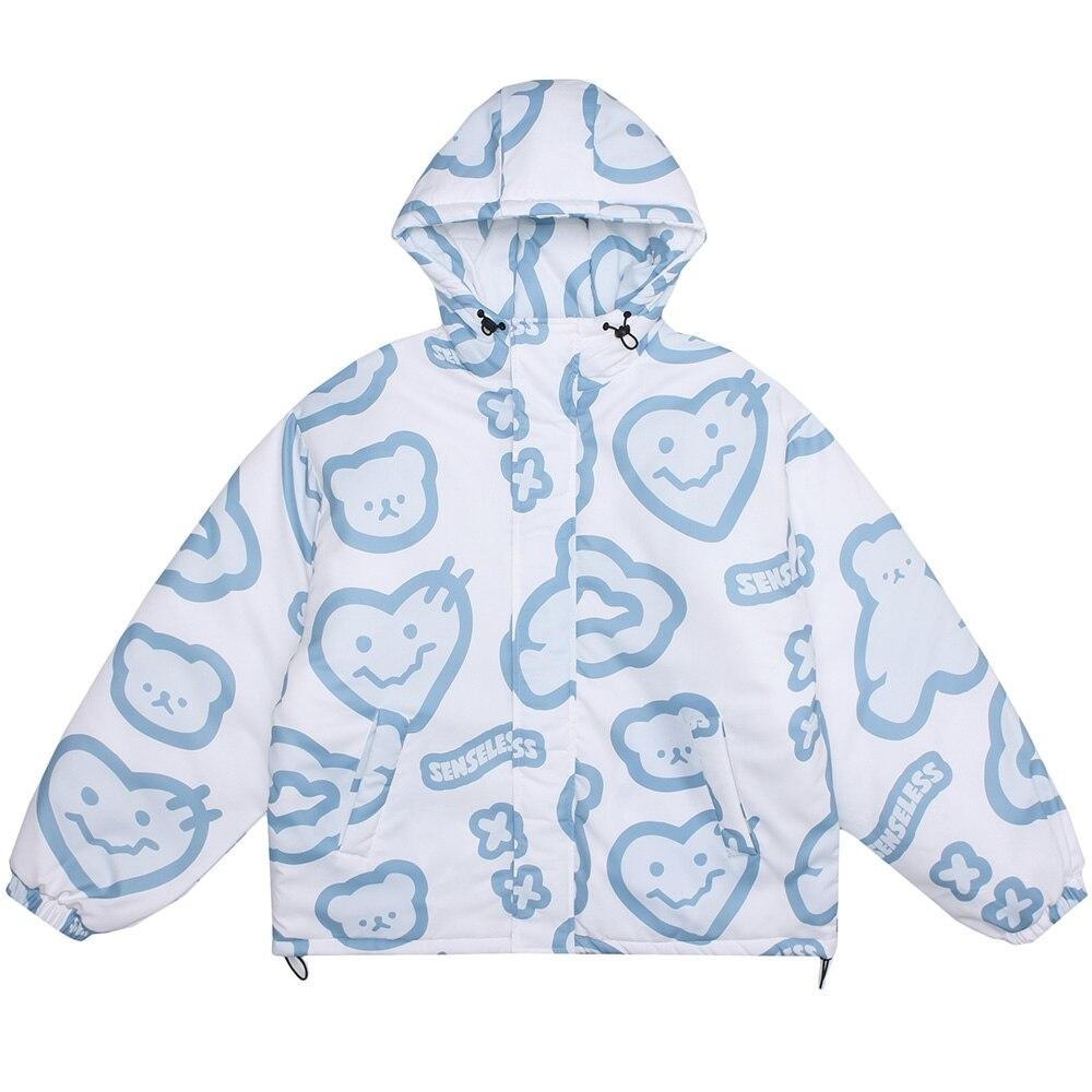 Hooded Winter Jacket Men Cartoon Graphic Print Cotton Zipper Coat Couple Harajuku Fashion Oversized Windbreaker Outwear