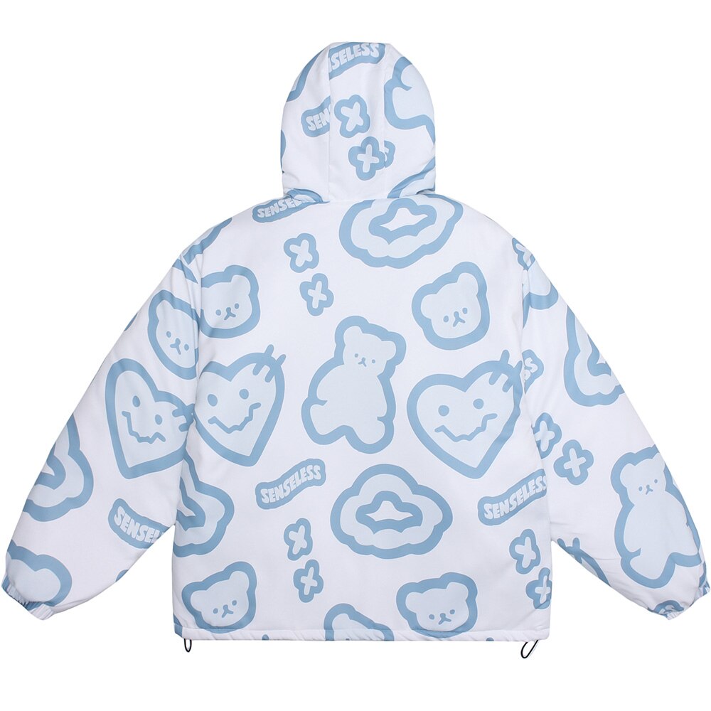 Hooded Winter Jacket Men Cartoon Graphic Print Cotton Zipper Coat Couple Harajuku Fashion Oversized Windbreaker Outwear