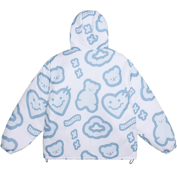 Hooded Winter Jacket Men Cartoon Graphic Print Cotton Zipper Coat Couple Harajuku Fashion Oversized Windbreaker Outwear