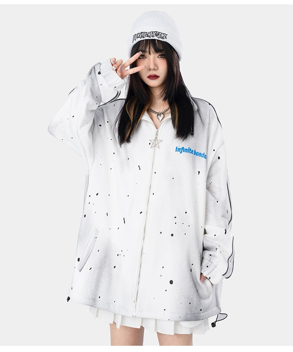 Jacket Men Watercolor Point Star Zipper Fleece College Style Coat Casual Japanese Loose Harajuku Fashion Outwear Couple
