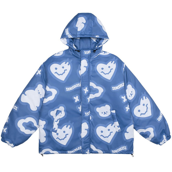 Hooded Winter Jacket Men Cartoon Graphic Print Cotton Zipper Coat Couple Harajuku Fashion Oversized Windbreaker Outwear