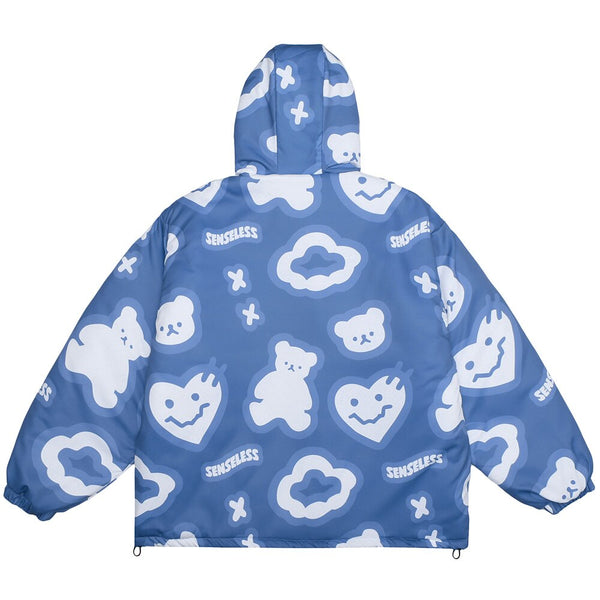 Hooded Winter Jacket Men Cartoon Graphic Print Cotton Zipper Coat Couple Harajuku Fashion Oversized Windbreaker Outwear