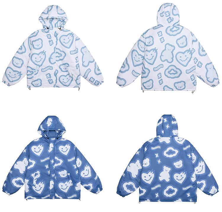 Hooded Winter Jacket Men Cartoon Graphic Print Cotton Zipper Coat Couple Harajuku Fashion Oversized Windbreaker Outwear