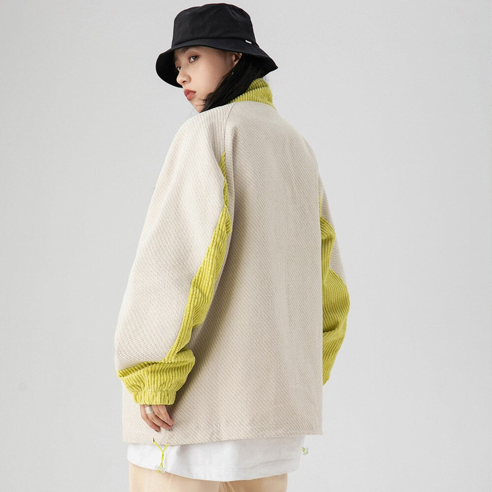 Track Jacket Men Color Block Drawstring Zipper Coats Autumn Loose Cozy Retro Harajuku Fashion Outwear Couple Streetwear