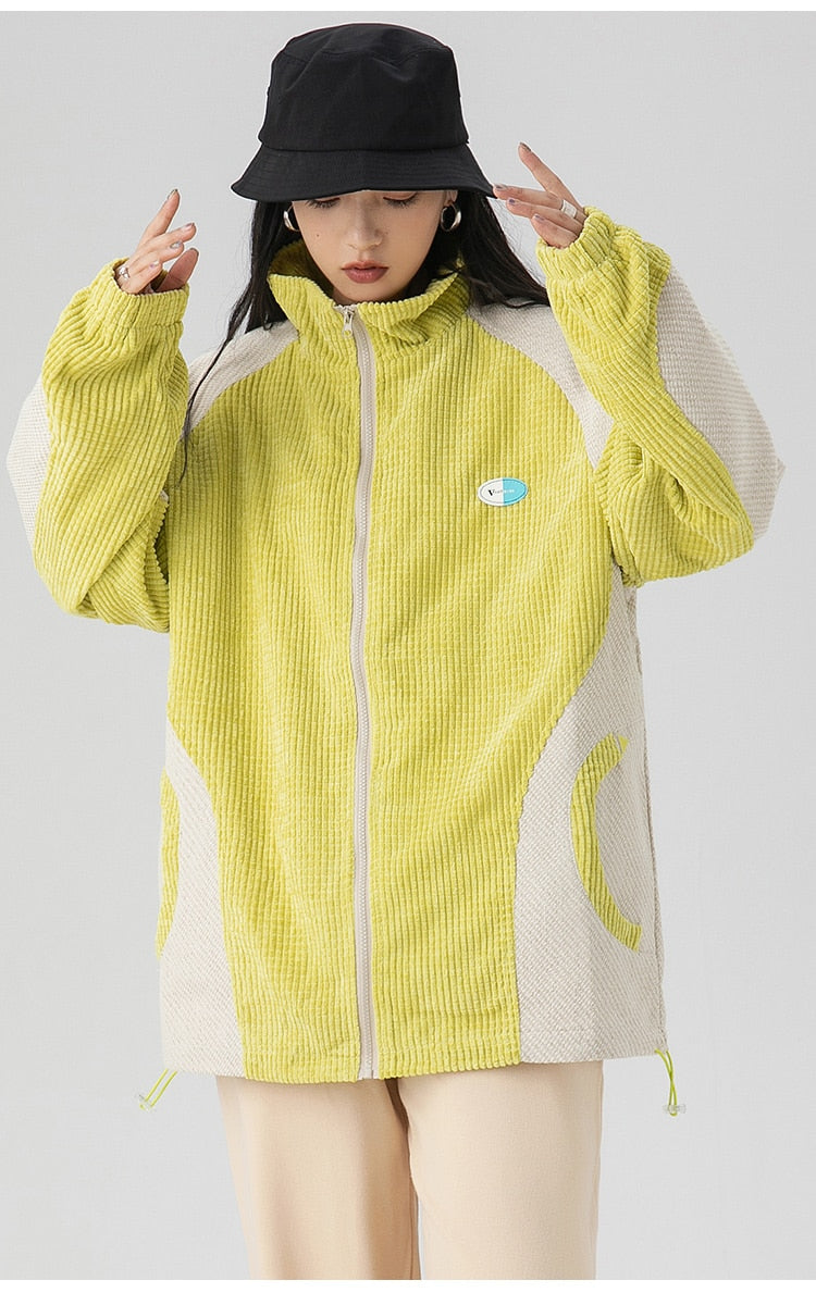 Track Jacket Men Color Block Drawstring Zipper Coats Autumn Loose Cozy Retro Harajuku Fashion Outwear Couple Streetwear