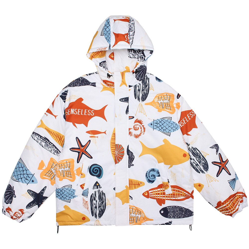 Winter Jacket Men Colorful Cartoon Fish Print Hooded Coat Zipper Casual High Street Harajuku Windbreaker Couple Outwear