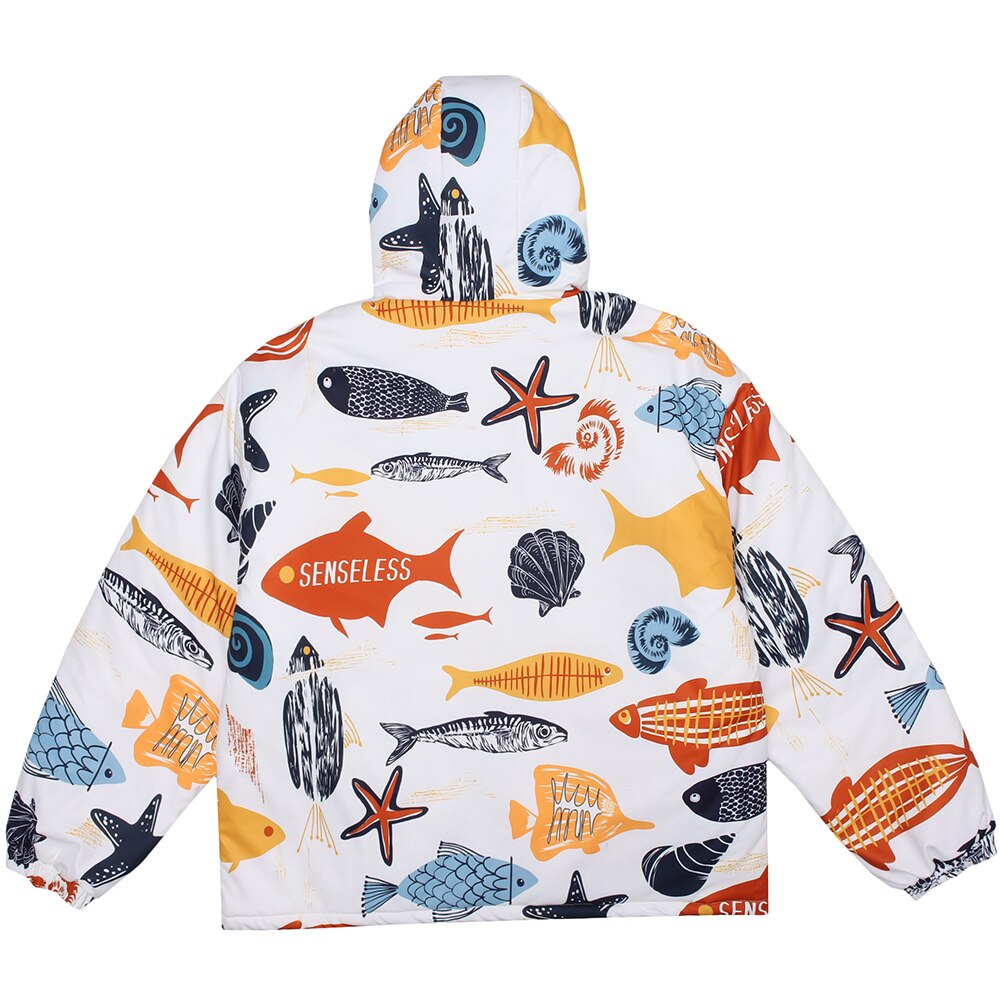 Winter Jacket Men Colorful Cartoon Fish Print Hooded Coat Zipper Casual High Street Harajuku Windbreaker Couple Outwear