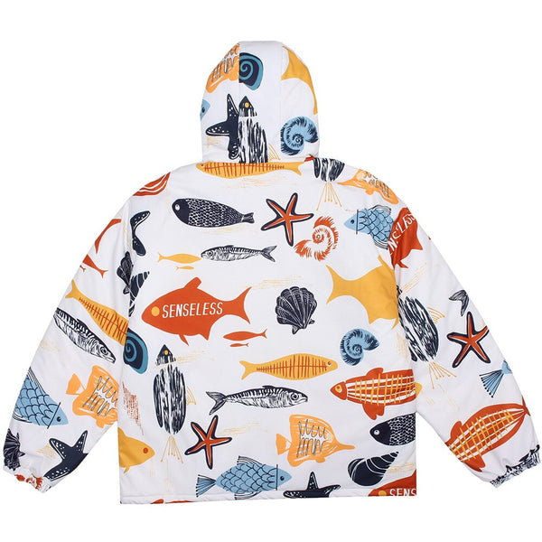 Winter Jacket Men Colorful Cartoon Fish Print Hooded Coat Zipper Casual High Street Harajuku Windbreaker Couple Outwear