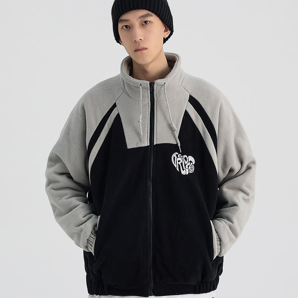 Jacket Men Letter Embroidery Color Block Soft Cozy Zipper Coats Unisex Casual Retro Simple Fashion Thick Outwear Winter