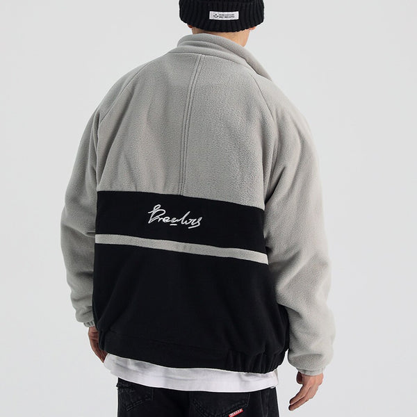 Jacket Men Letter Embroidery Color Block Soft Cozy Zipper Coats Unisex Casual Retro Simple Fashion Thick Outwear Winter