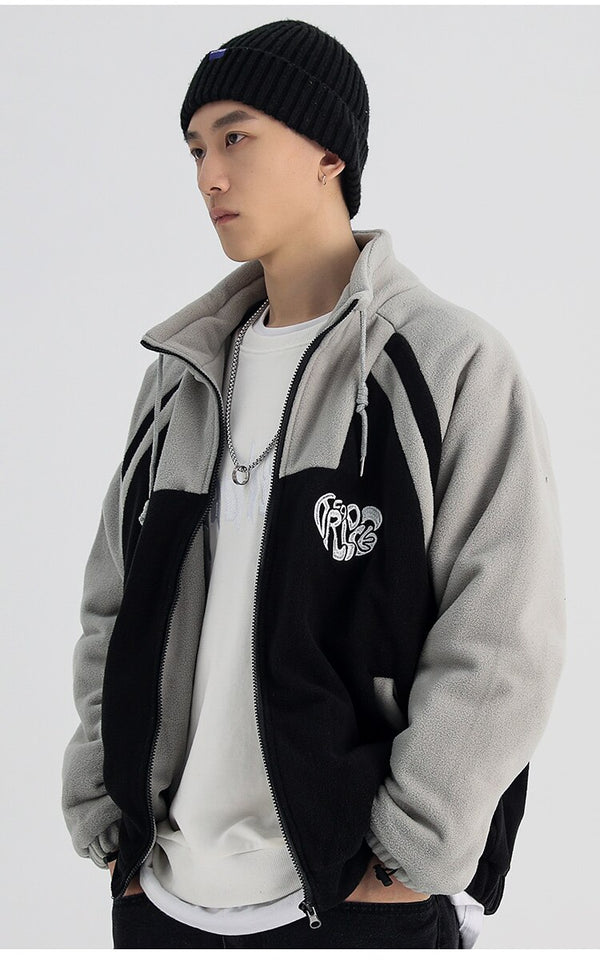 Jacket Men Letter Embroidery Color Block Soft Cozy Zipper Coats Unisex Casual Retro Simple Fashion Thick Outwear Winter