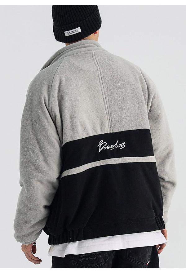 Jacket Men Letter Embroidery Color Block Soft Cozy Zipper Coats Unisex Casual Retro Simple Fashion Thick Outwear Winter