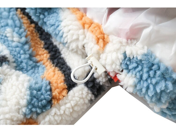 Lambswool Winter Jacket Men Colorful Tie Dye Pockets Zipper Furry Coats Couple Harajuku Fashion Warm Outwear Streetwear