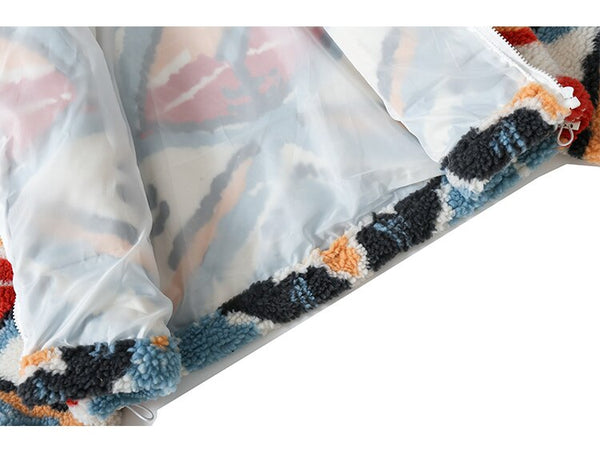 Lambswool Winter Jacket Men Colorful Tie Dye Pockets Zipper Furry Coats Couple Harajuku Fashion Warm Outwear Streetwear