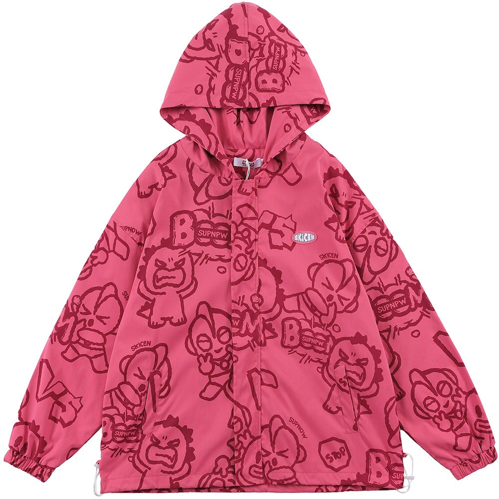 Funny Cute Cartoon Print Hooded Jacket Men Zipper Loose Harajuku High Street Fashion Windbreaker Coat Couple Streetwear