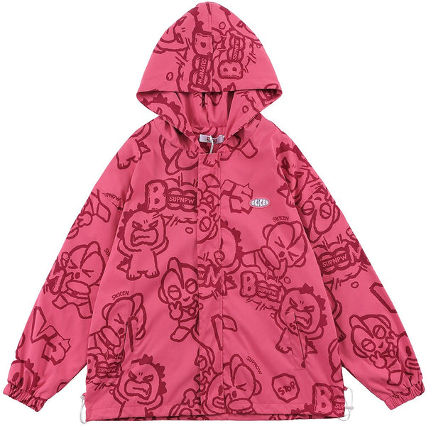 Funny Cute Cartoon Print Hooded Jacket Men Zipper Loose Harajuku High Street Fashion Windbreaker Coat Couple Streetwear