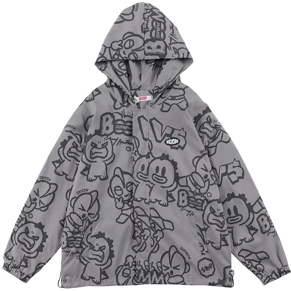 Funny Cute Cartoon Print Hooded Jacket Men Zipper Loose Harajuku High Street Fashion Windbreaker Coat Couple Streetwear