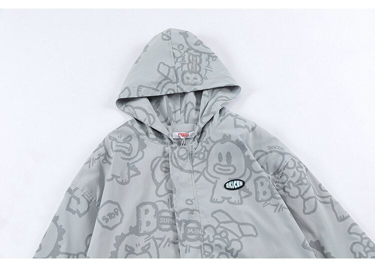 Funny Cute Cartoon Print Hooded Jacket Men Zipper Loose Harajuku High Street Fashion Windbreaker Coat Couple Streetwear