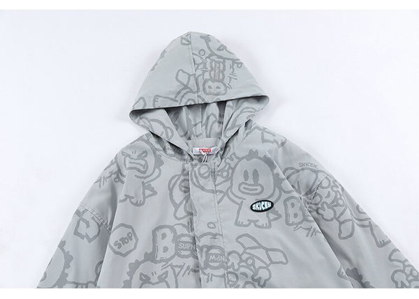 Funny Cute Cartoon Print Hooded Jacket Men Zipper Loose Harajuku High Street Fashion Windbreaker Coat Couple Streetwear