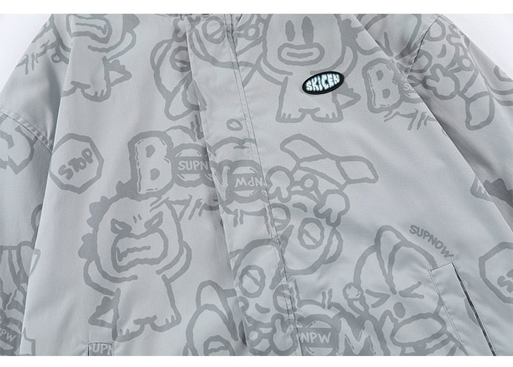Funny Cute Cartoon Print Hooded Jacket Men Zipper Loose Harajuku High Street Fashion Windbreaker Coat Couple Streetwear