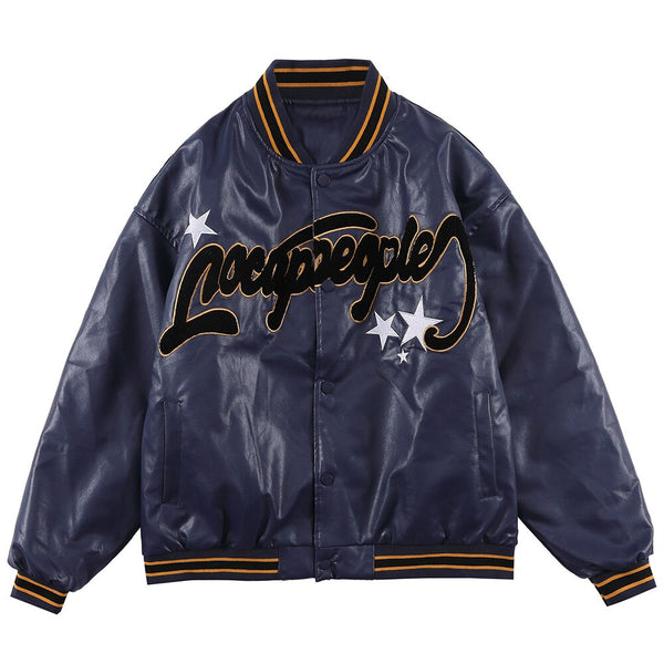 Jacket Men Furry Letter Star Leather Oversized Bomber Coats Couple All-match College Style High Street Baseball Outwear