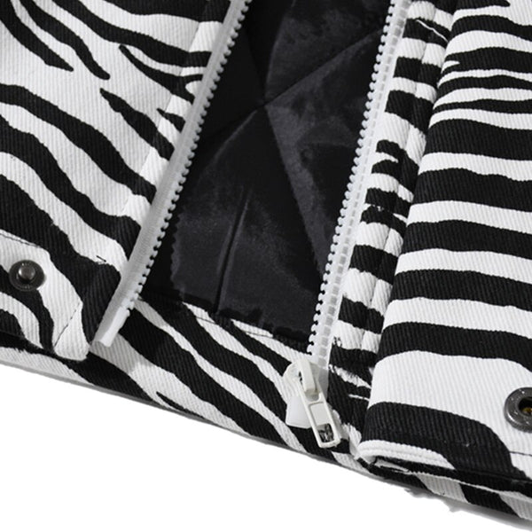 Parka Jacket Men Zebra Striped Print Thick Hooded Jackets Coat Loose Casual Retro Hip Hop Fashion Padded Outwear Winter