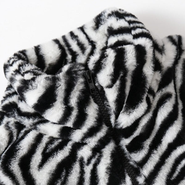 Winter Jacket Men Heart Embroidery Zebra Striped Print Zipper Coats Hip Hop Retro Hipster Loose Soft Fuzzy Warm Outwear