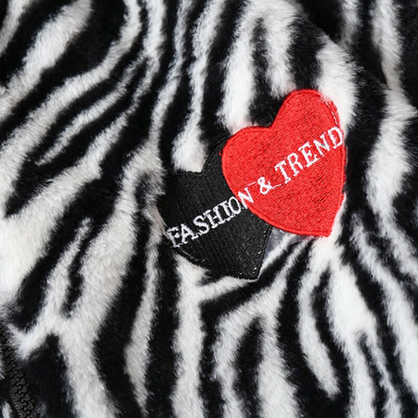 Winter Jacket Men Heart Embroidery Zebra Striped Print Zipper Coats Hip Hop Retro Hipster Loose Soft Fuzzy Warm Outwear