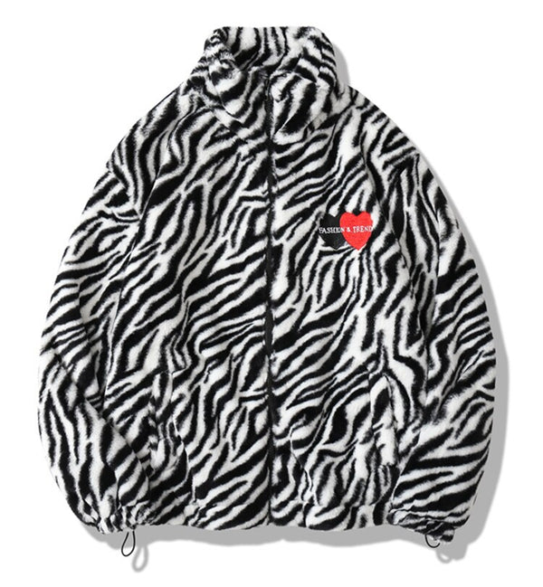 Winter Jacket Men Heart Embroidery Zebra Striped Print Zipper Coats Hip Hop Retro Hipster Loose Soft Fuzzy Warm Outwear