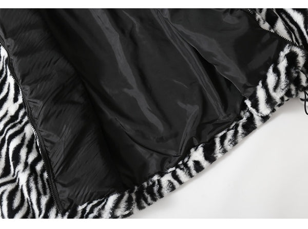 Winter Jacket Men Heart Embroidery Zebra Striped Print Zipper Coats Hip Hop Retro Hipster Loose Soft Fuzzy Warm Outwear