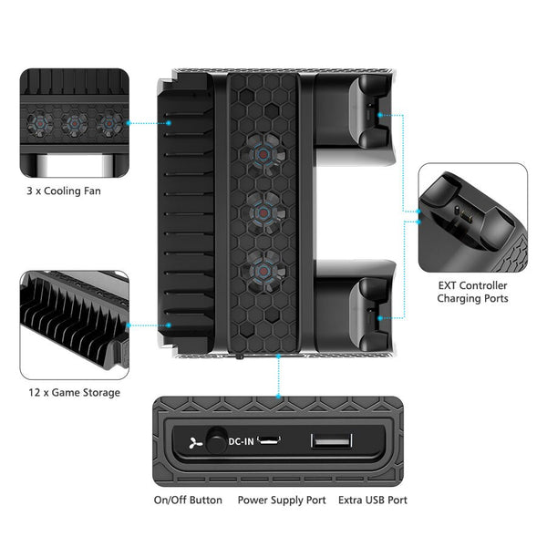 PS4/PS4 Slim/PS4 Pro Vertical Cooling Stand Dual Controller Station Charger Game Storage Cooling Fan For SONY Playstation 4